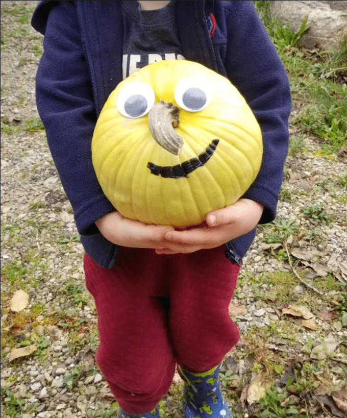 pumpkin activity for kids shows a child holding a pumpkin with a face painted on it.