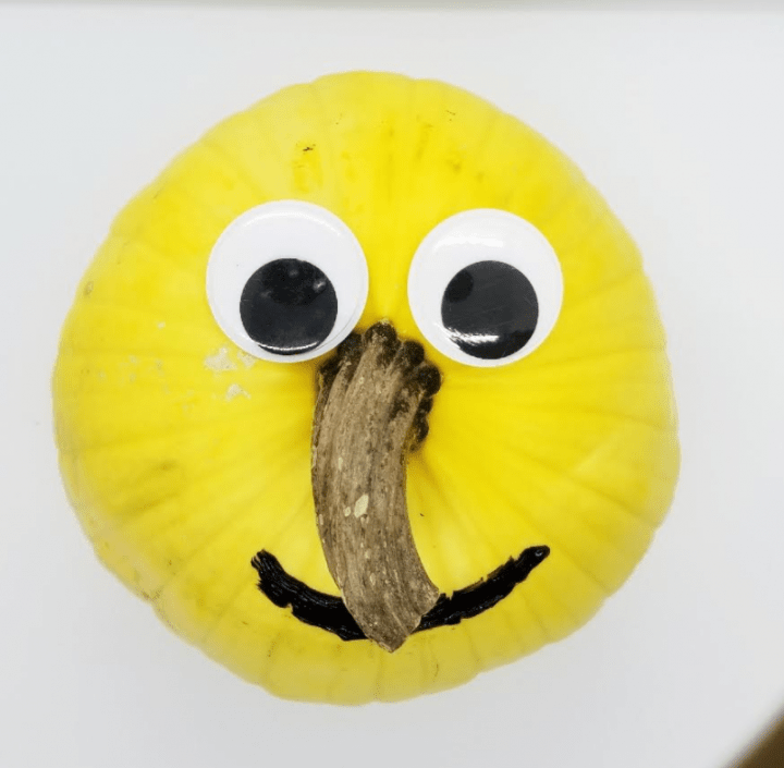 fall activity shows a yellow pumpkin with big eyes and a smile painted on.