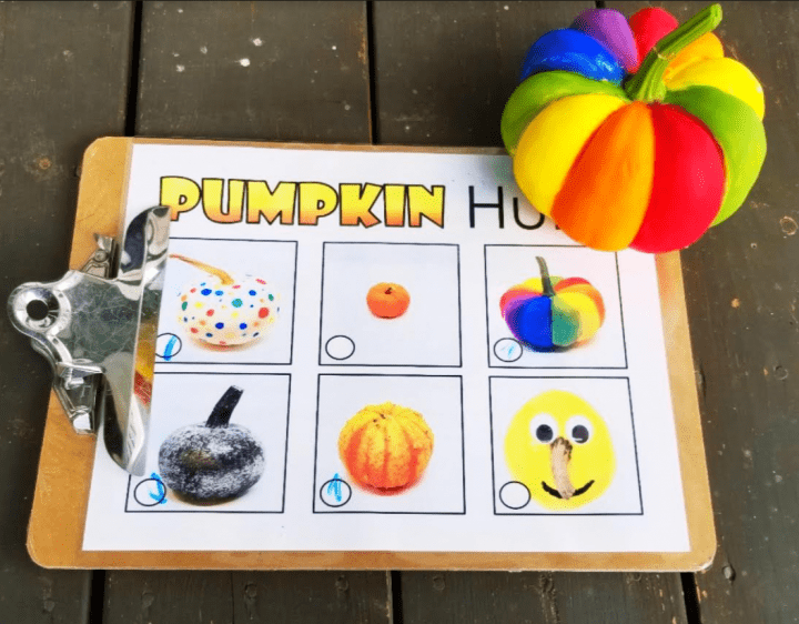 fall activity shows a clipboard with a pumpkin hunt sheet and a rainbow painted pumpkin.
