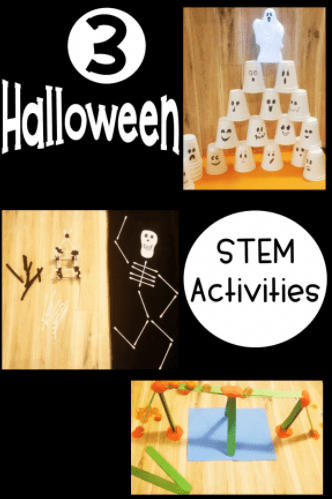 halloween stem activities shows a stack of cups, skeleton and pumpkin bridge.