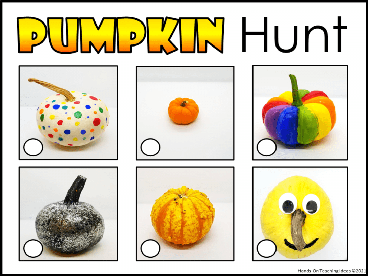 fall activity shows a pumpkin hunt sheet with six different pumpkins pictured.