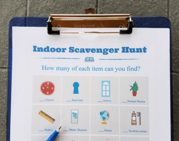 kindergarten math  worksheet shows a printable indoor scavenger hunt sheet.