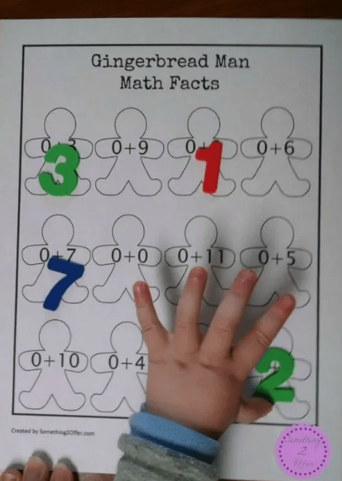 kindergarten math  worksheet shows a gingerbread man math facts sheet.