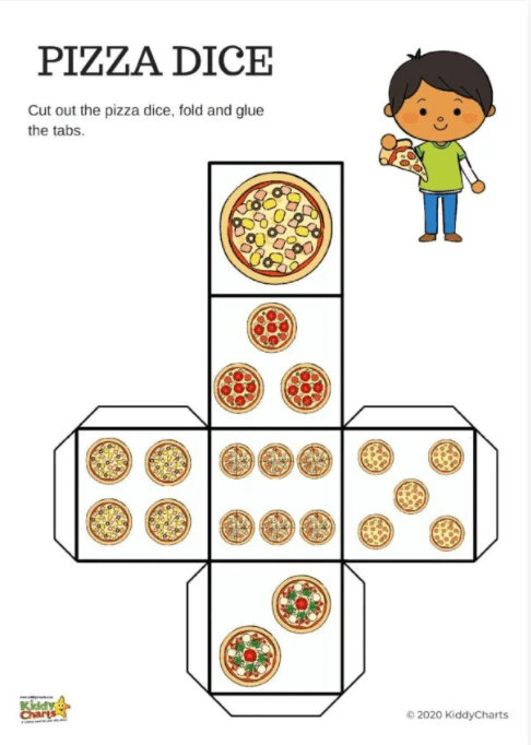 kindergarten math  worksheet shows a pizza printable cube.