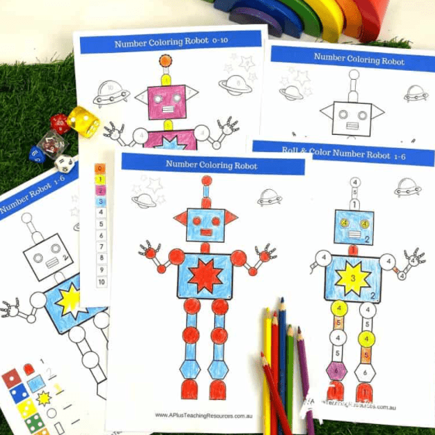 math worksheets for kindergarten shows robot pages that are colored.