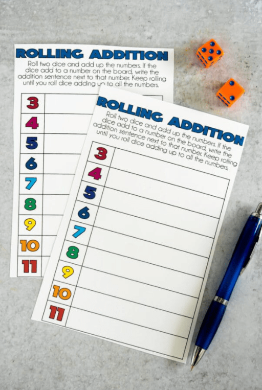 number sheets show a rolling addition page and dice.
