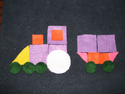 kindergarten math sheets shows a printable train made from shapes.