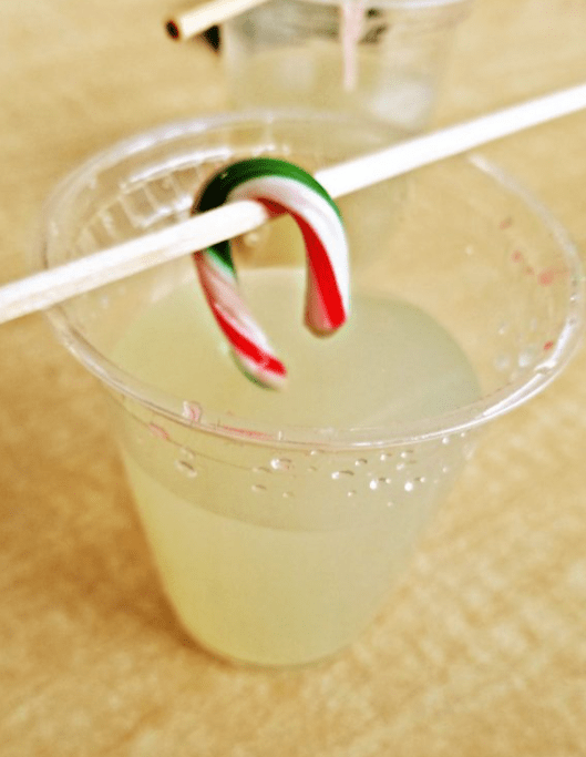 water stem activities shows a candy cane hanging over a cup of water.