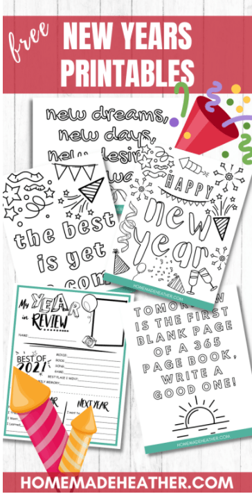new years eve activities for families and five pages of printable sheets with a new years theme.