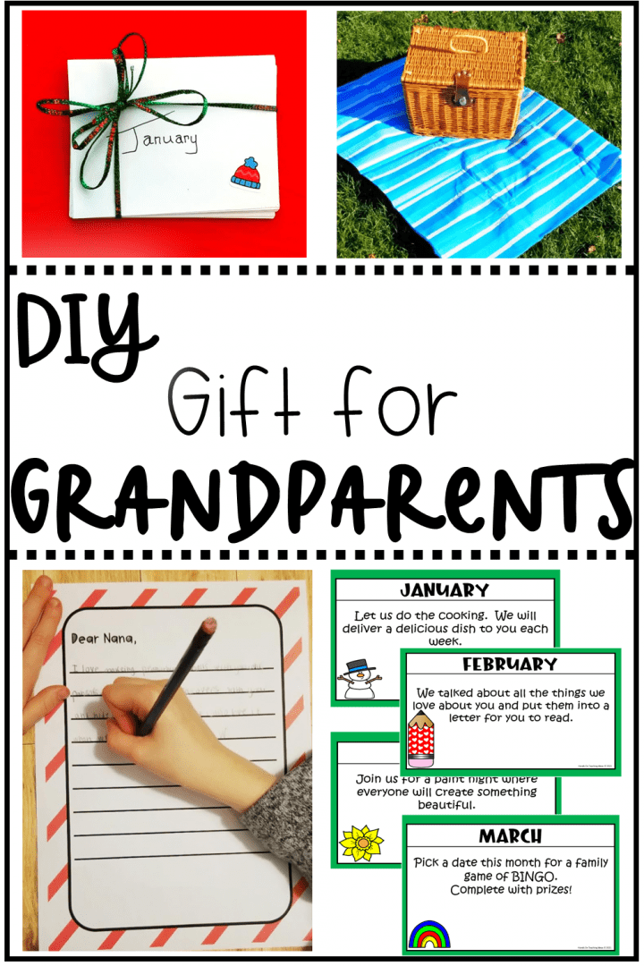 diy gift for grandparents shows a child writing a letter, wrapped cards, a picnic basket and monthly notes.