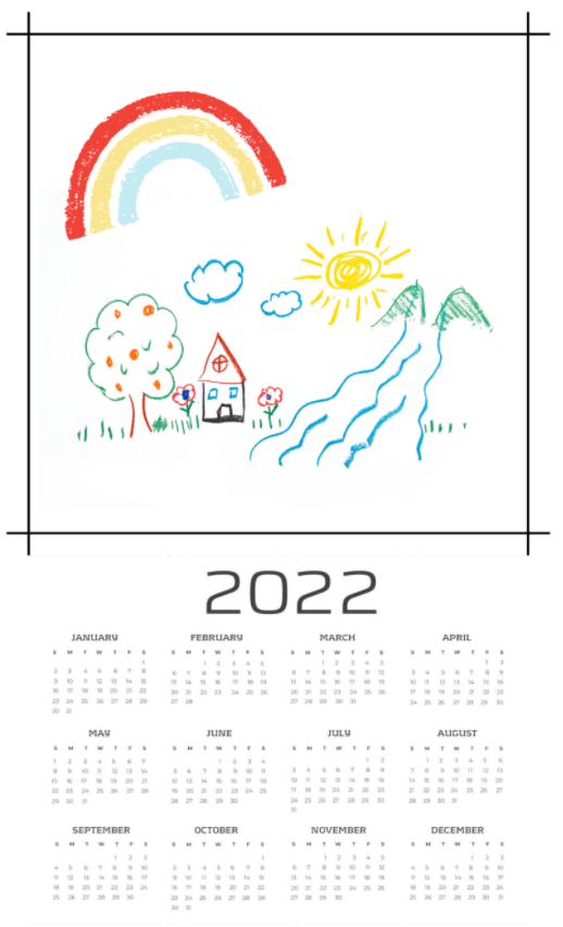 new years eve ideas for kids and a calendar for 2022 with a colorful picture hand drawn by a child of a rainbow, house, tree and stream.