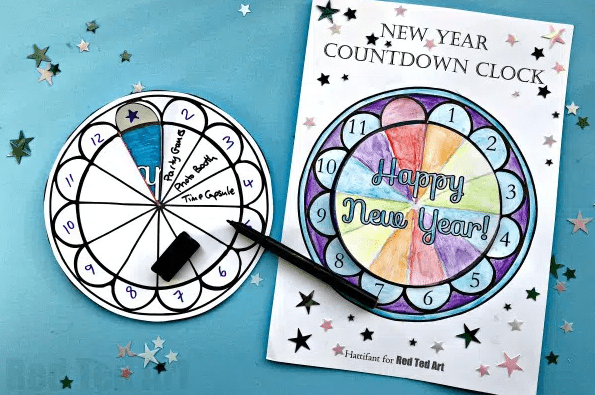 new years eve ideas for families and a colored new years countdown clock page with a few sections of the clock turned to show new years activities.