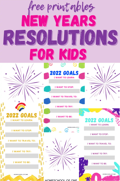 An image of a printable that says "New Years Resolutions for kids" and 3 pages with goals.