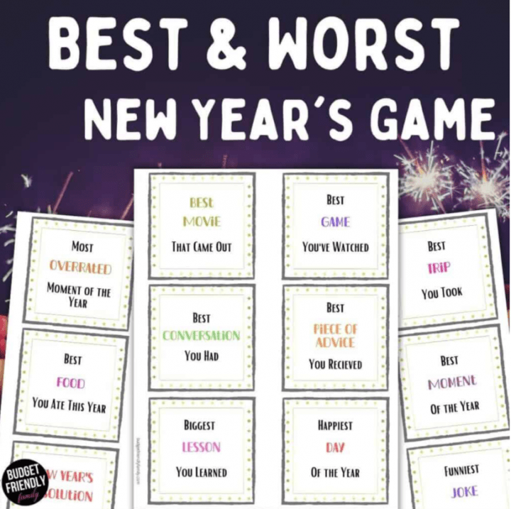 new years eve ideas for kids and a picture of three pages of the best and worst question for a game.