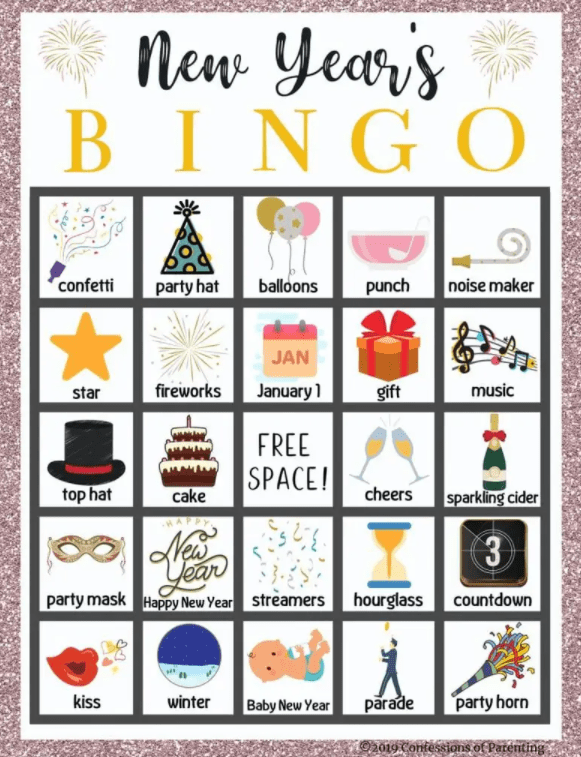 new years eve ideas for kids and a picture of a printable new years bingo card with festive images for each box on the card.