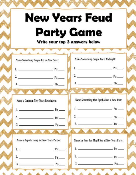 new years eve party ideas an image of the new years feud party game printable with gold chevron background.
