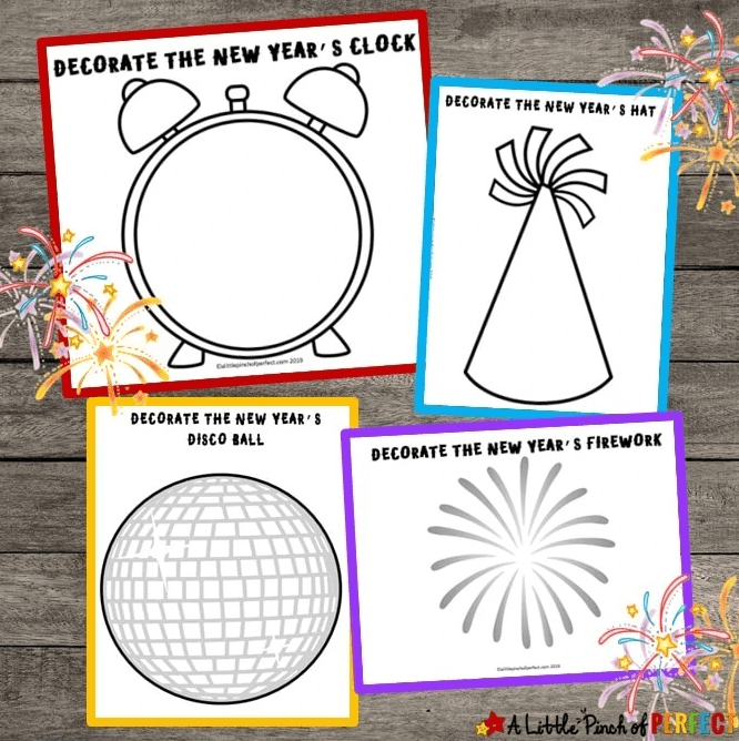 new years eve party ideas and four simple pages with new years images such as a clock, hat, disco ball and firework are shown.