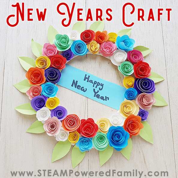 new years eve ideas for families and a colorful wreath made from curled paper.