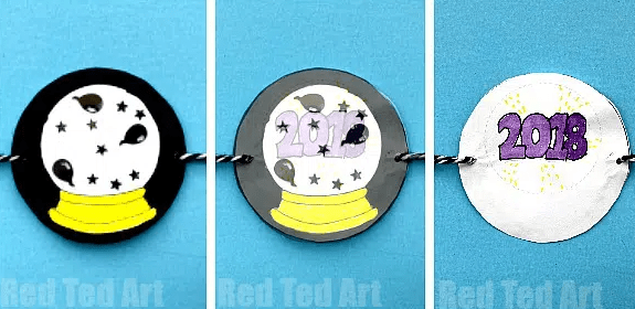 new years eve ideas for kids and three circles of a snow globe image connected with string.
