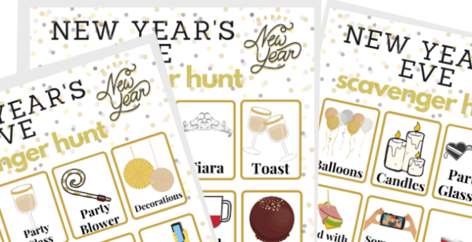 A printable page with New Years Scavenger hunt and pictures of celebration images like balloons and party blowers.