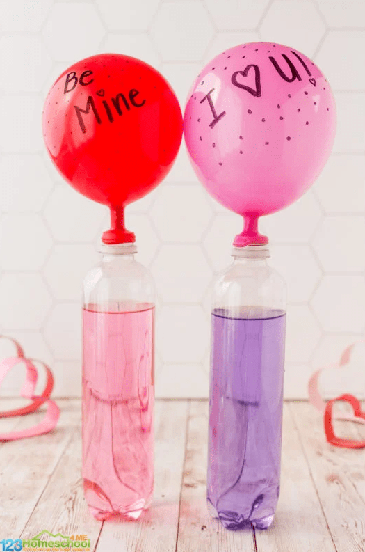 valentines day stem activities for kids two clear bottles with balloons blown up on the top