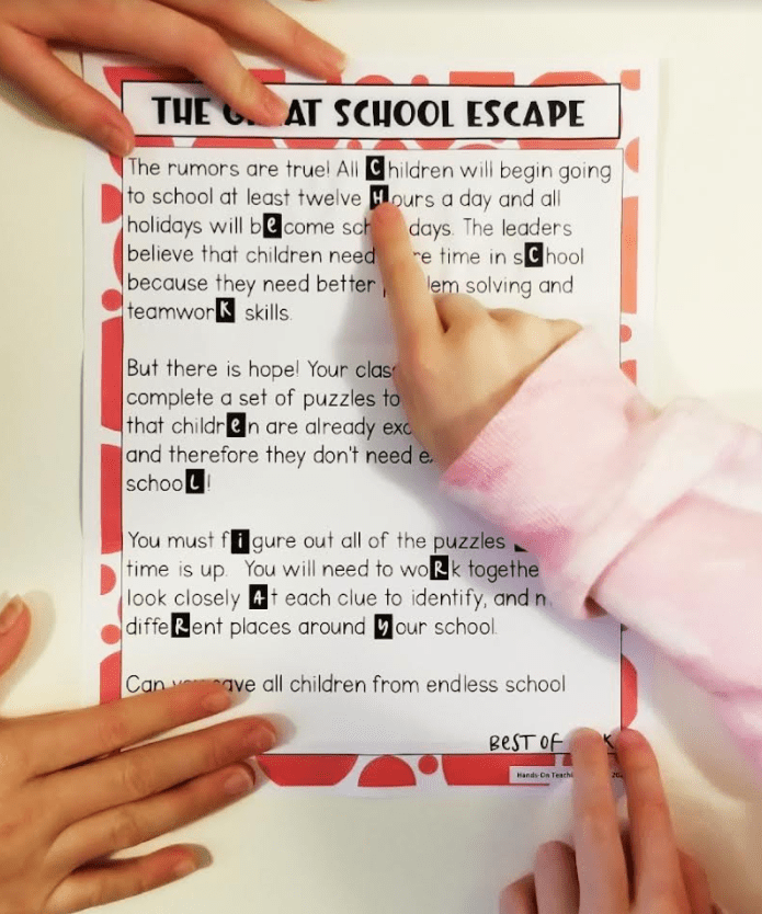 escape room for kids shows children pointing at letters on a paper clue.
