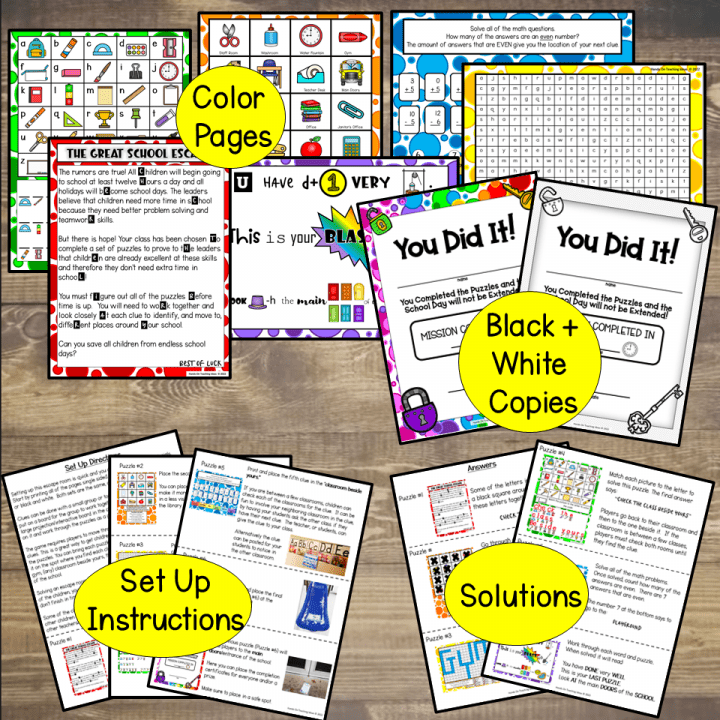 Image of the printables included in the classroom escape room product.