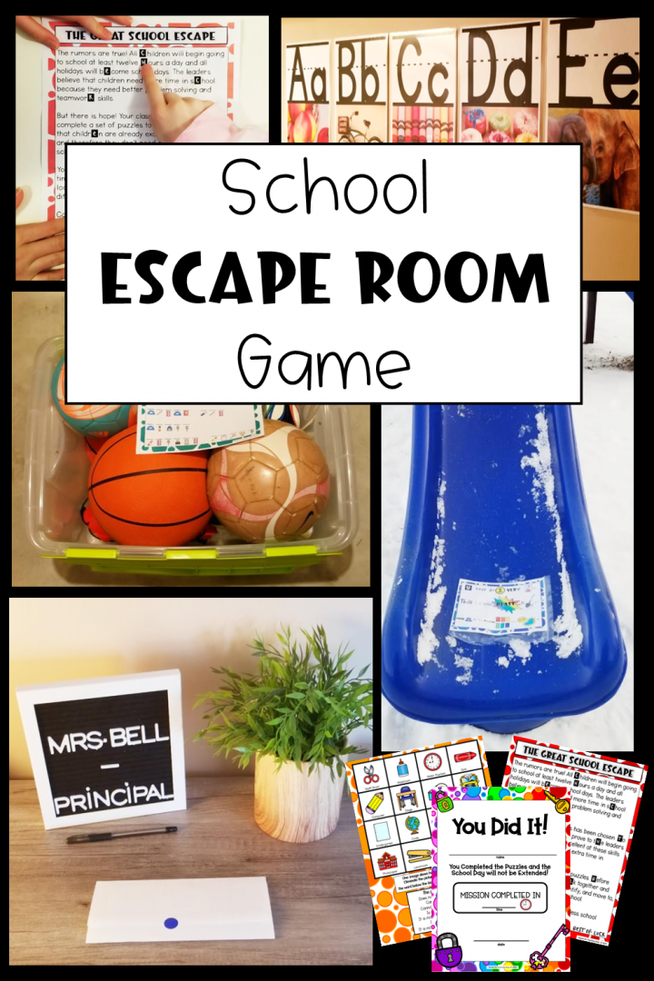escape room for kids. Picture is a collage of the printable pages and school locations.