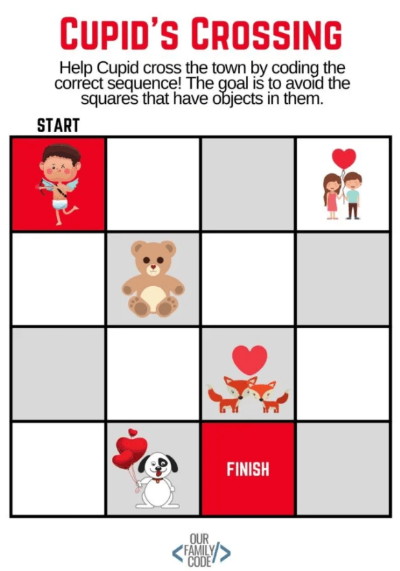 coding for kids a printable page with squares and valentine images