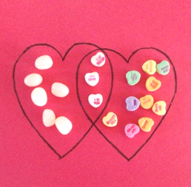 valentines day stem activities a Venn diagram made from two hearts with Valentine candy in it