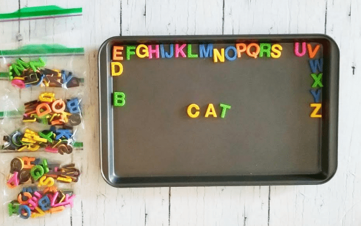 phonemic awareness shows a tray with magnetic letter on it