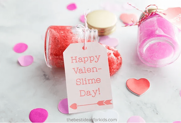 valentines day stem activities for kids the image shows two jars of slime and a tag on the jar