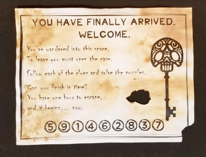 free escape room printable shows a welcome letter that says 'you have finally arrived. welcome. with out of order numbers on the bottom.