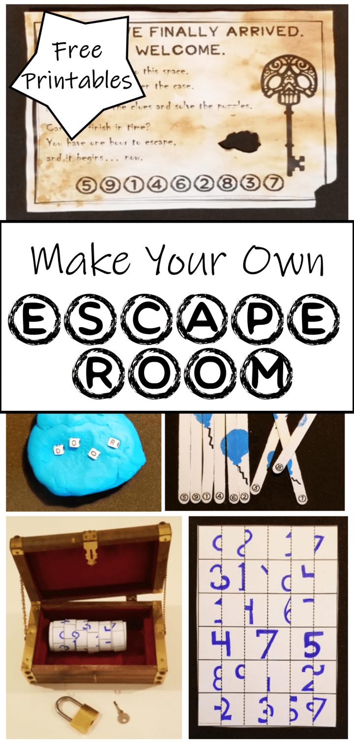 make your own escape room shows a pinterest pin with printable and hands on clues.