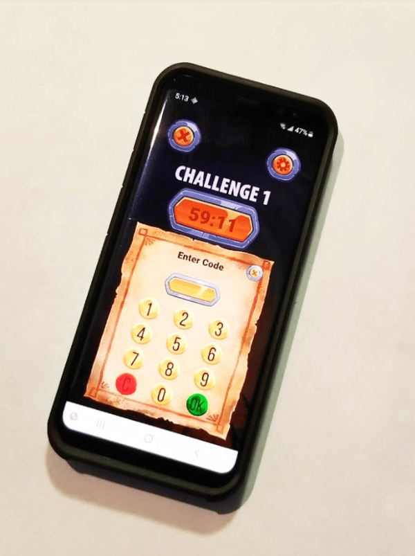 printable escape room shows a cell phone with the escape room geeks app