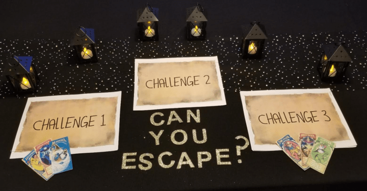 printable escape room for kids has three piles of paper with each of the challenges for the game