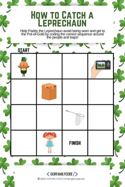 St patricks day STEM activities for kids shows a printable st patricks day coding activity