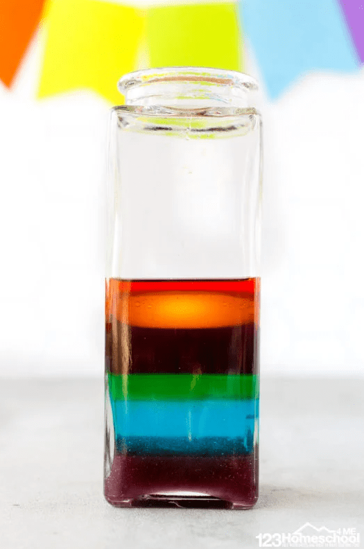 STEM activity shows a glass jar with rainbow layers in it