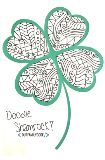 St patricks day STEM activities for kids shows a doodle shamrock with lines that could be colored.