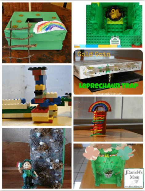 STEM challenge for kids shows a collage of seven images of leprechaun traps
