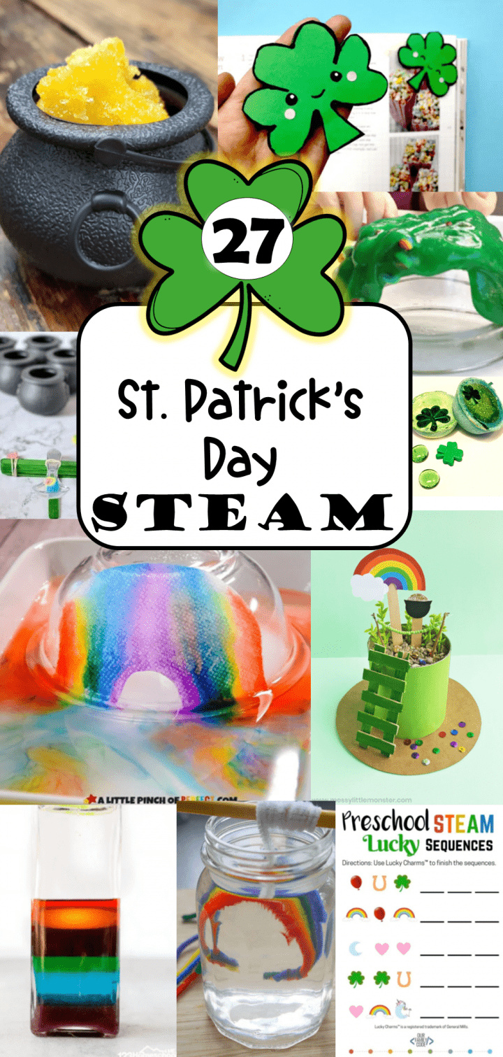 St patricks day STEM activities for kids shows a collection of activities in a collage.