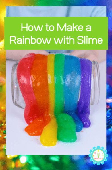 science experiment shows rainbow slime running over a glass jar