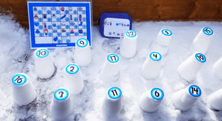 winter outdoor learning activity for kids shows a bunch of snow towers and printable puzzles.