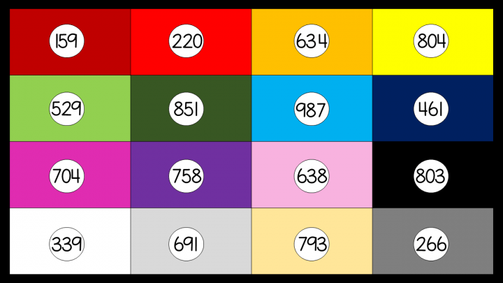 escape room for kids shows a printable with 20 different colored squares each with a number in it