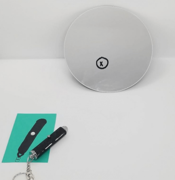 diy escape room  shows a circular mirror with an X on it and a laser pointer