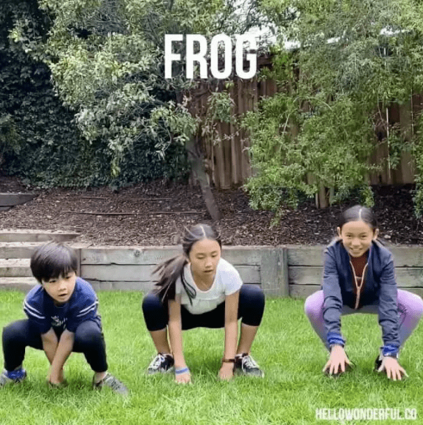 gym games for kindergarten shows three children doing a frog jump