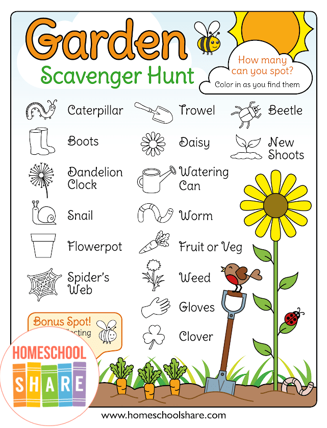 spring outdoor learning activities shows a garden scavenger hunt printable