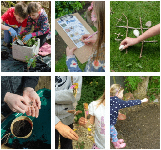 outdoor education shows 6 collaged photos of children play and doing spring activities
