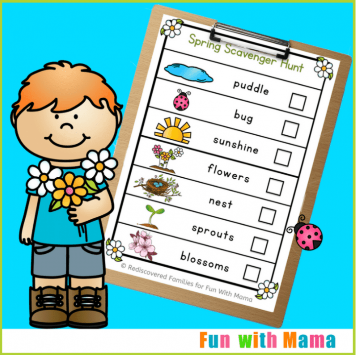 outdoor education show clipart of a child holding flowers and a spring scavenger hunt sheet