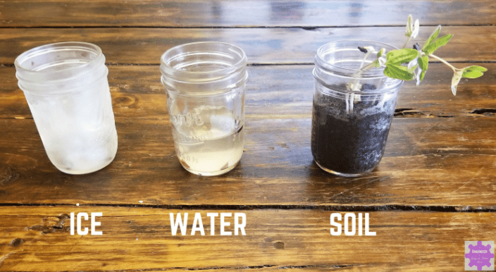 spring stem activities shows three jars with ice, water and soil in them